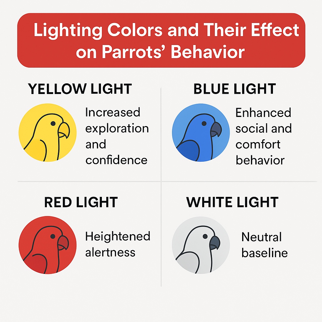 黃光、藍光、紅光與白光對鸚鵡行為影響的資訊圖表，應用於智慧繁殖飼養箱設計。