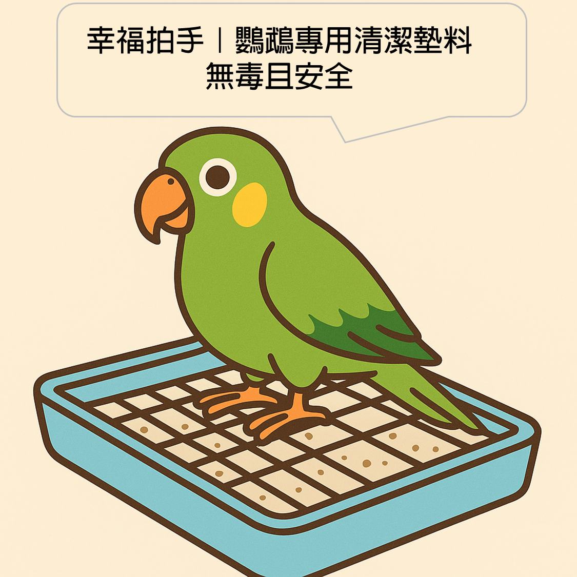鸚鵡站在帶有金屬底網的清潔墊料上，底下填充膨潤土（鸚鵡砂），強調無毒且安全的產品設計。
